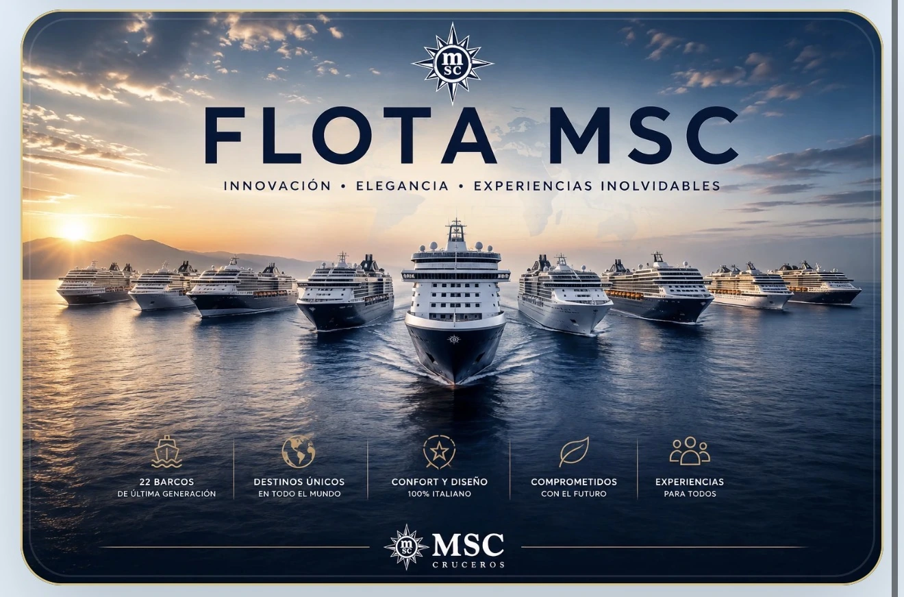 Crucero MSC navegando al atardecer con la portada Cruceros